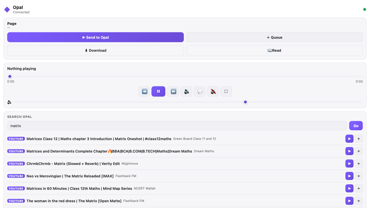 The Opal Connect side panel: connection status, page actions, transport controls and a live cross-source search