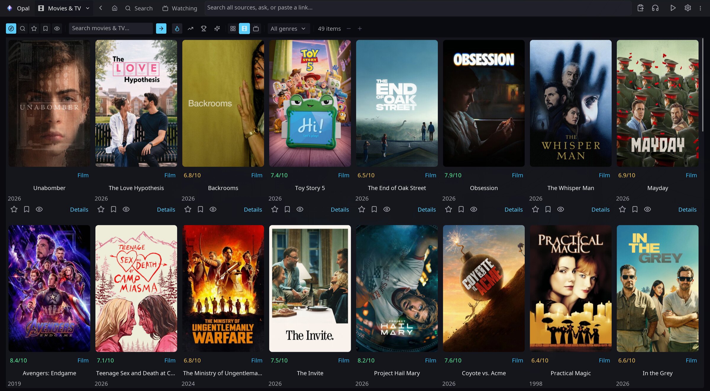 Opal's Browse view: a wall of trending movie posters with source tabs, search and genre filters
