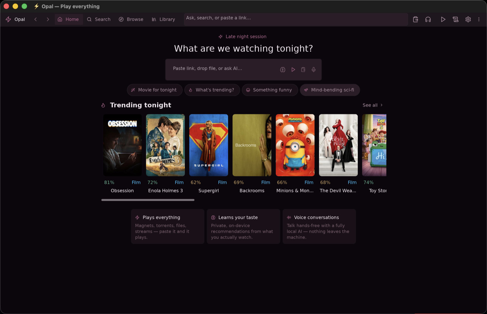 Opal's home screen: a time-aware greeting, an ask-anything search box, and a trending row of movies and shows