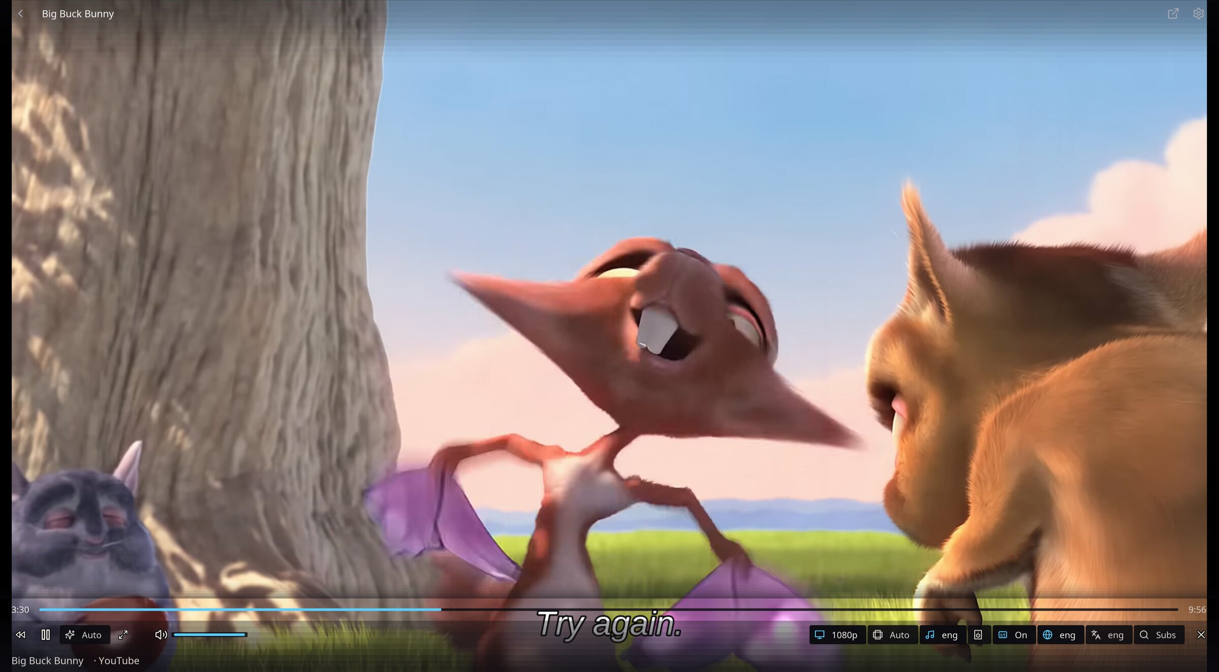 Big Buck Bunny playing in Opal's player with seek bar, quality, audio, subtitle and translation controls